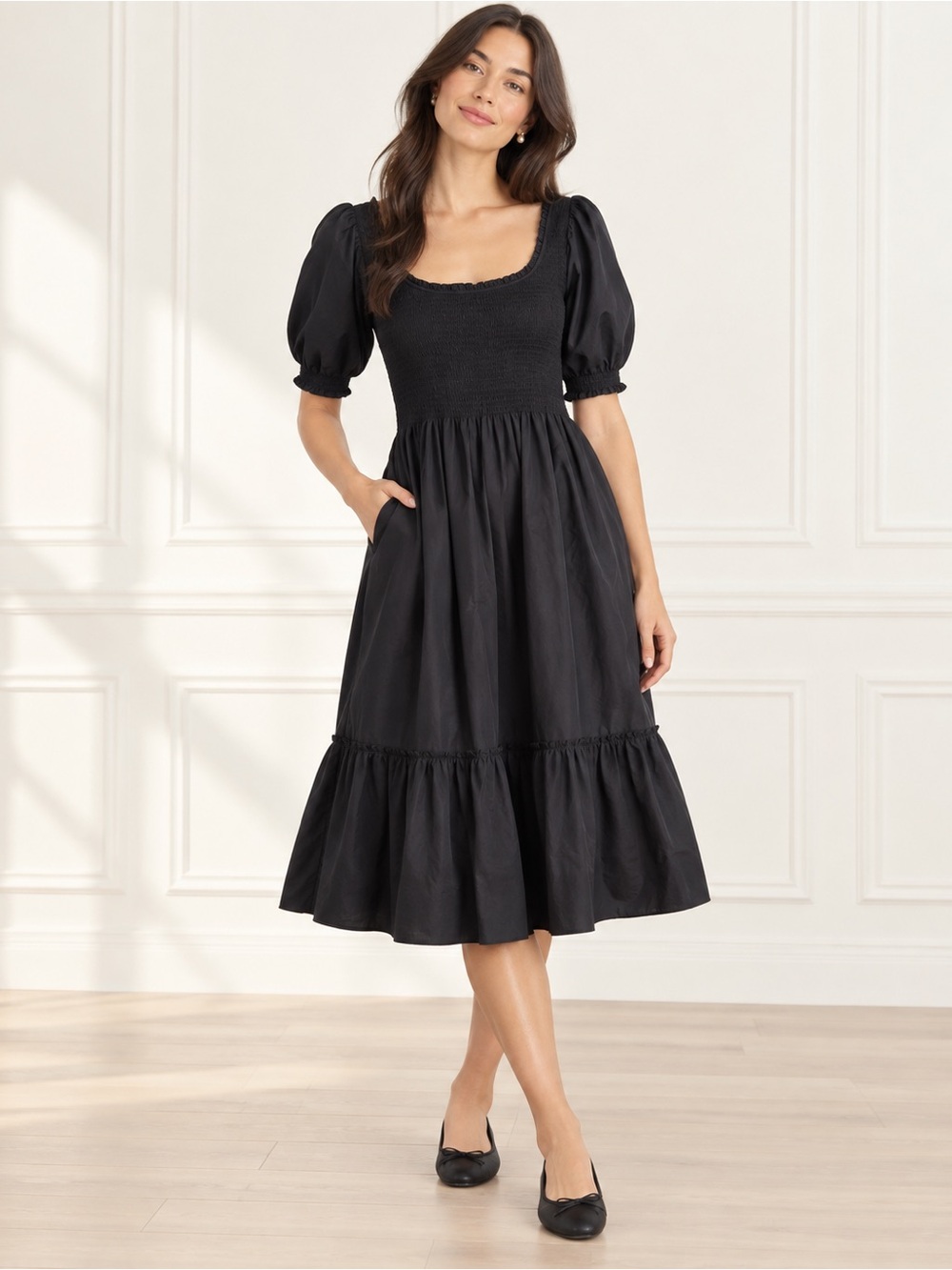 Hill House Home The Nap Dress Womens Large Black Excellent Athena Puff Sleeve